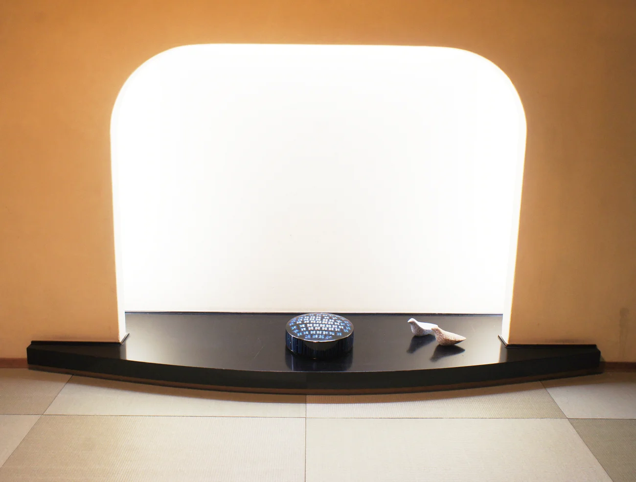 The Choshitsu (carved lacquer) Box titled Sound of Rain in the entrance of a Japanese traditional restaurant, Nicho in Takamatsu City.