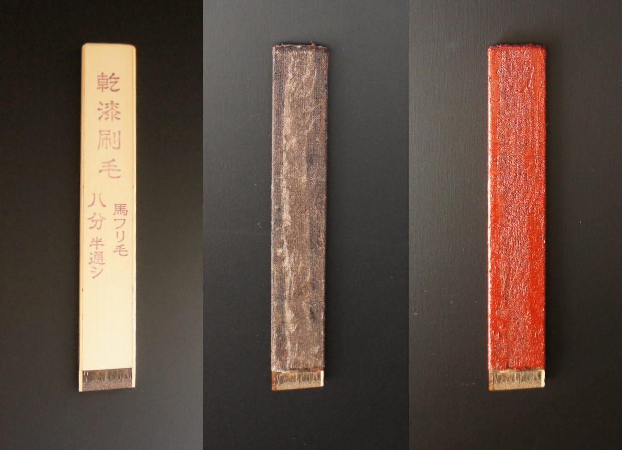 I applied ki-urushi on the wooden part then I put a linen cloth with glue (glutinous rice paste cooked) and urushi (japanese lacquer). After that I applied red colored urushi on it. 