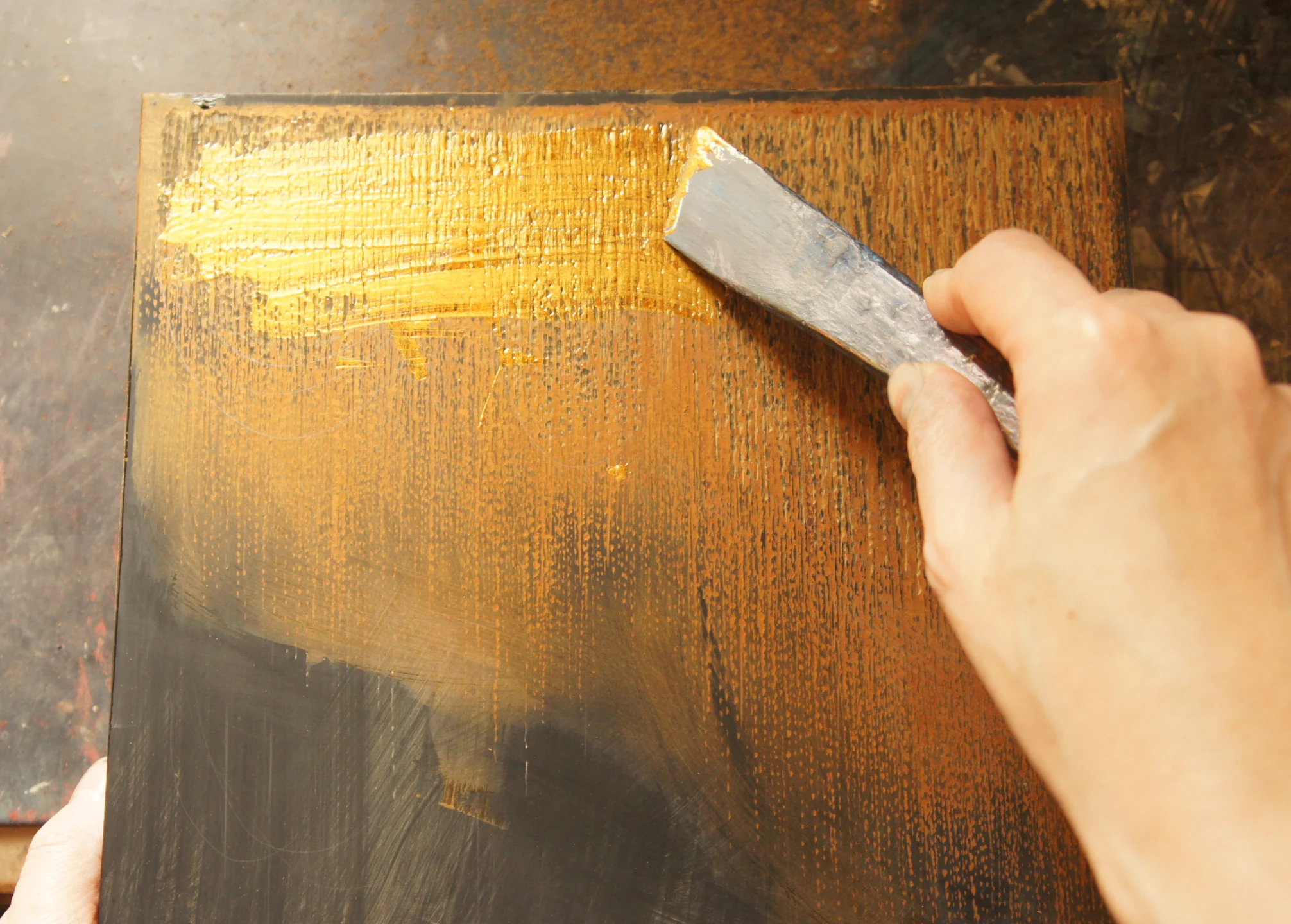 In progress: Kinma panel - Tobari (Veil of Night) for Art Fair Tokyo. Currently in the process of in-filling the colors for the Kinma technique. By Kaori Sugano