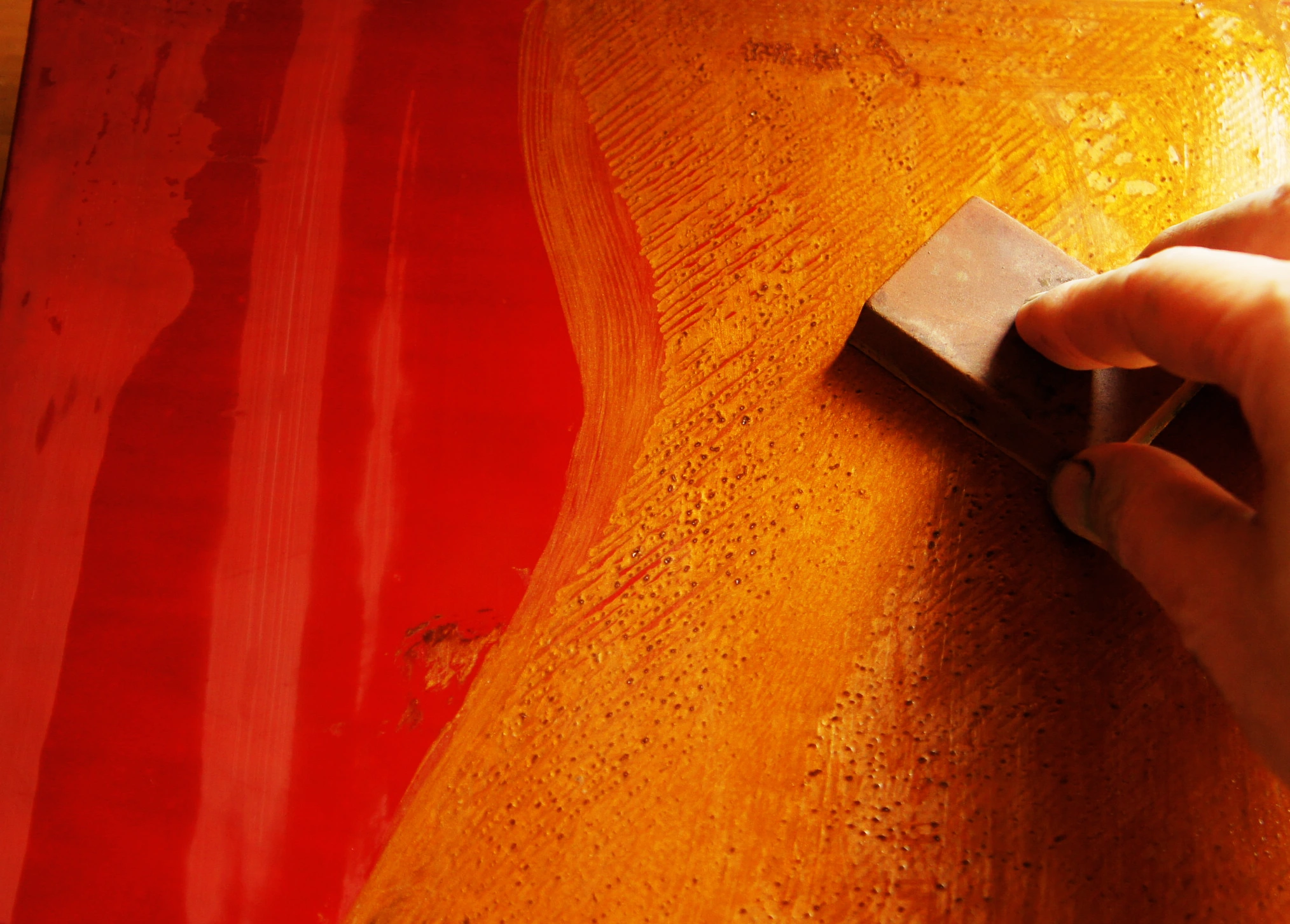 In progress: Kinma panel - Nishiki no Mine (Brocade Peaks) for Art Fair Tokyo. Polishing the surface after in-filling the colors to reveal the Kinma pattern. By Kaori Sugano